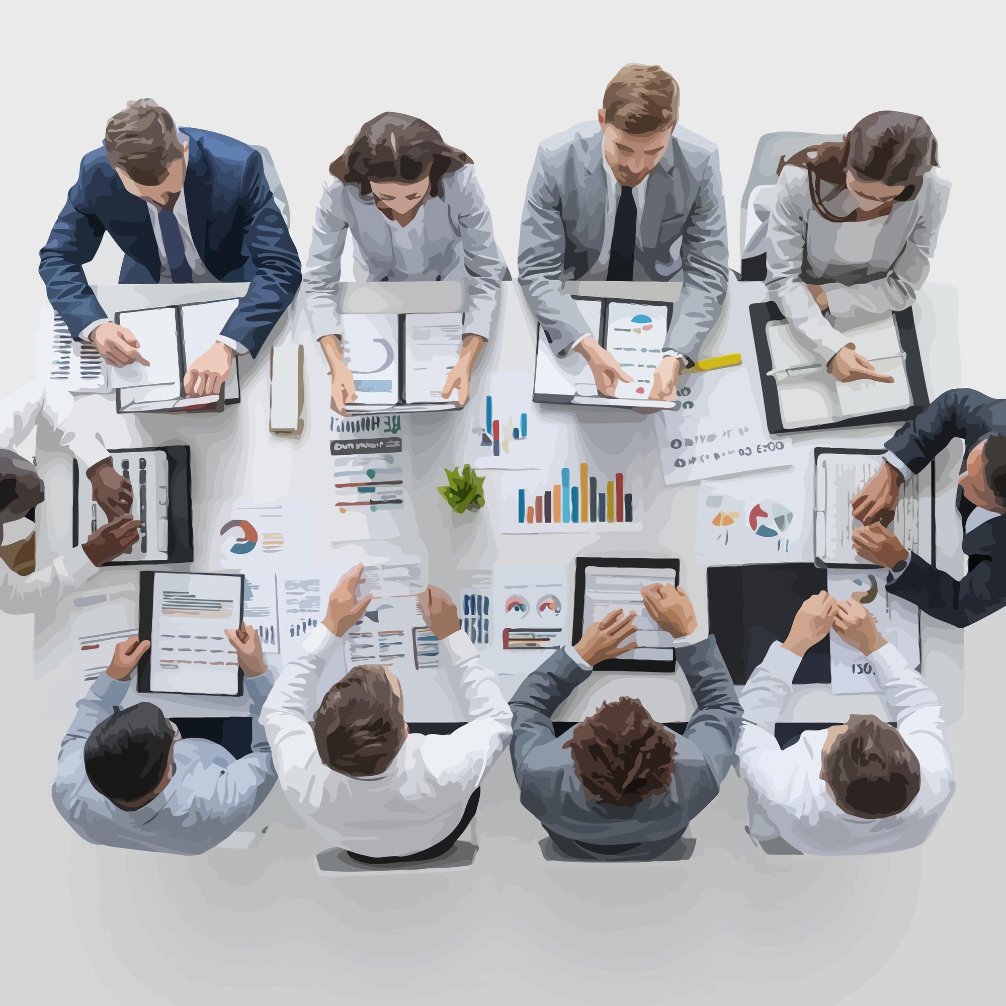 Team meeting around a table with charts